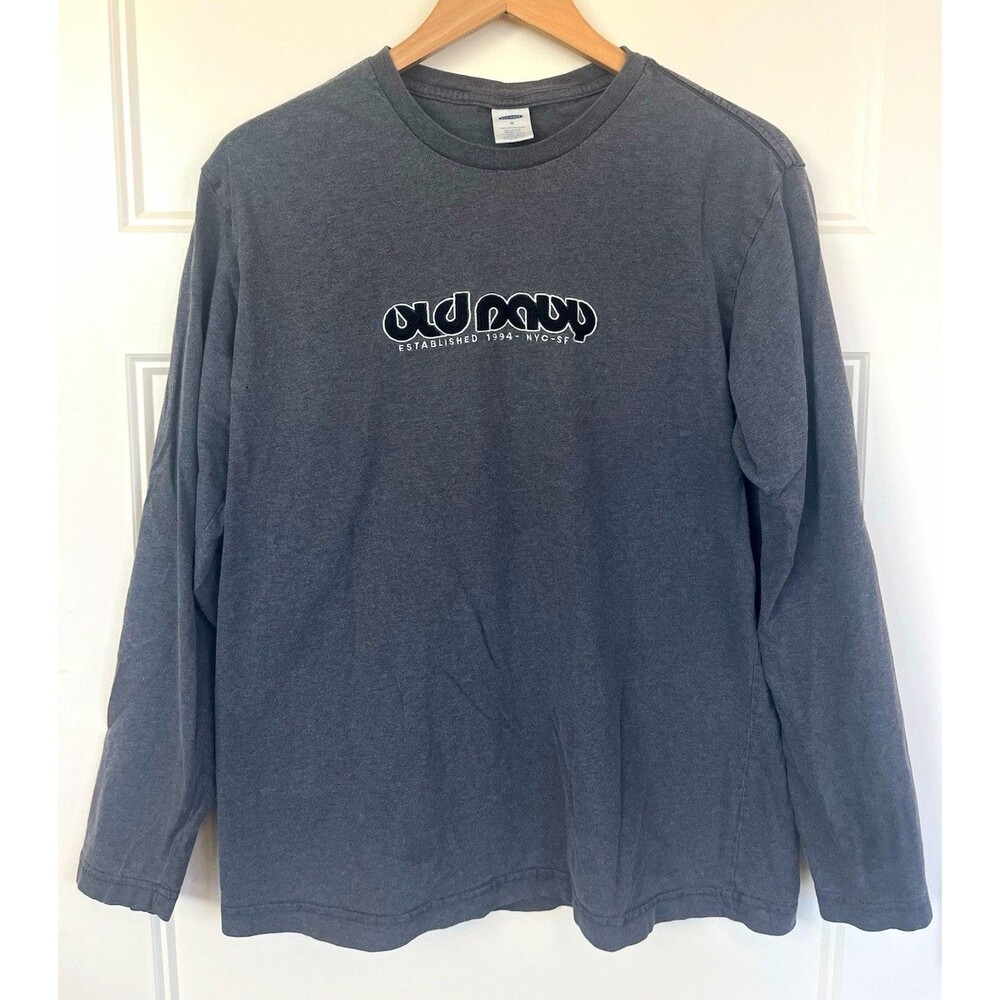Y2K Old Navy Men's Gray Spell Out Logo Crew Neck Long Sleeve Cotton Shirt M